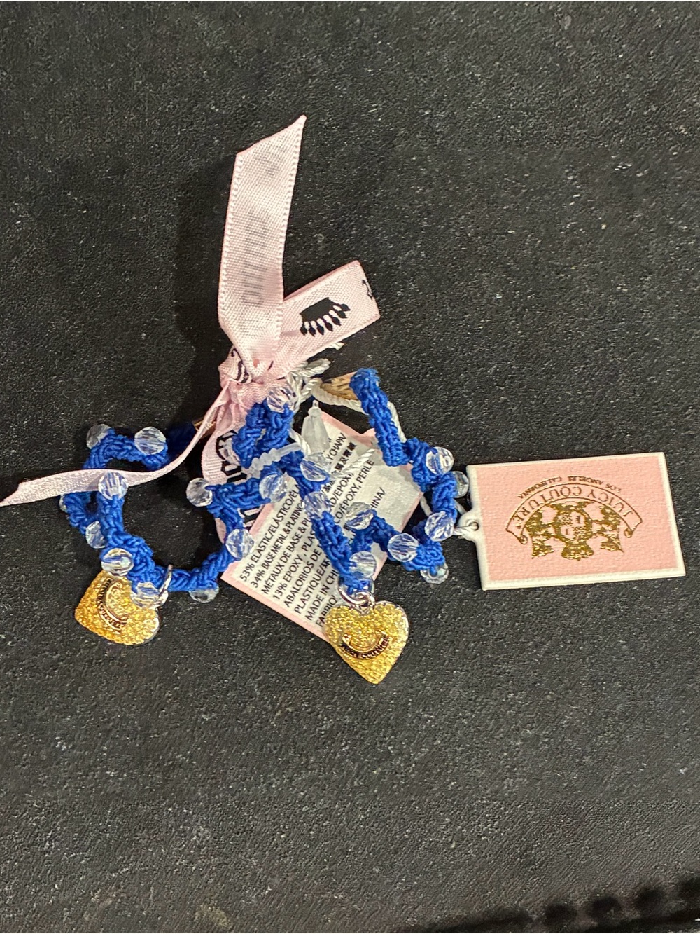 Juicy Couture S/2 Beaded Elastic Hair Tie with Gold Pave Crystal Heart Charms